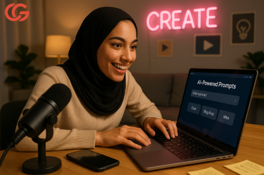 امرأة مبتسمة ترتدي حجابًا تستخدم لابتوب لإنشاء برومبتات بالذكاء الاصطناعي، كورس البرومبتات الذكية.